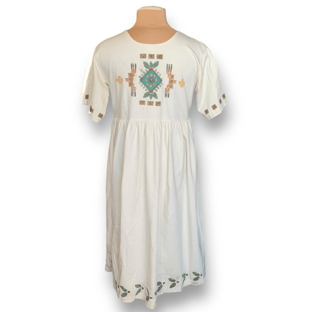 Vintage Handpainted Cotton Midi Dress Southwesterner Boho Prairie OOAK Geometric